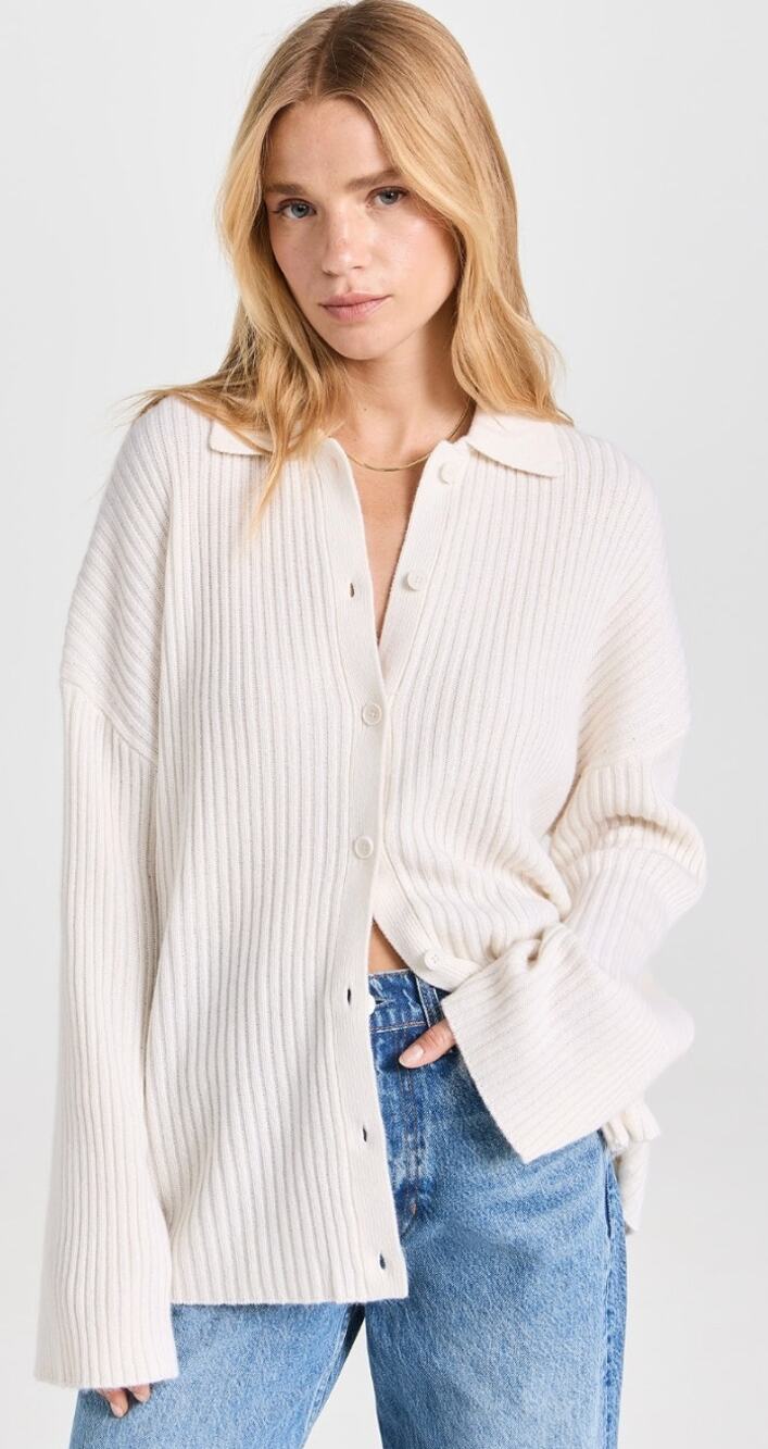 Reformation Sweater Small Fantino Collared Cardigan Cashmere White Ribbed Cozy